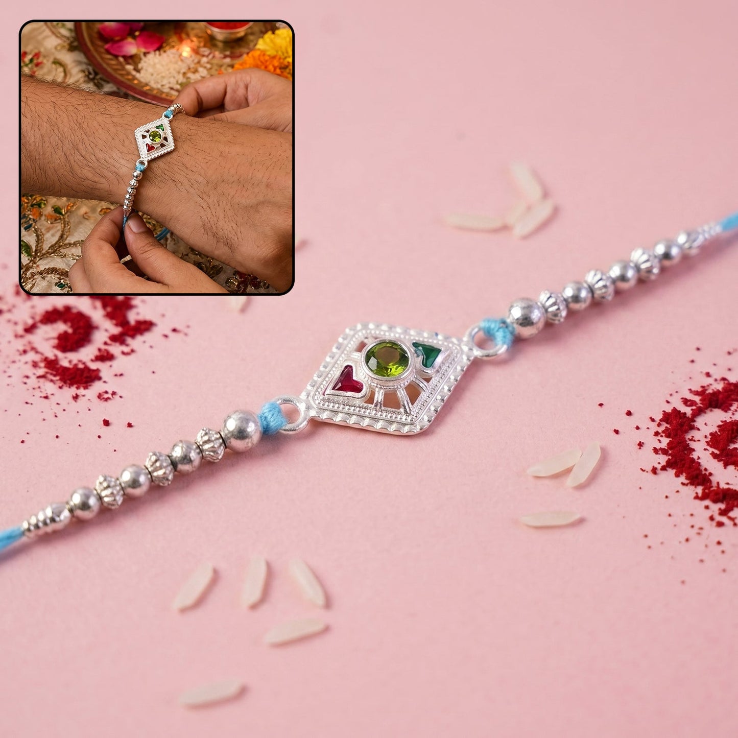 Silver Diamond Kundan Rakhi with green stone and blue beads close-up
