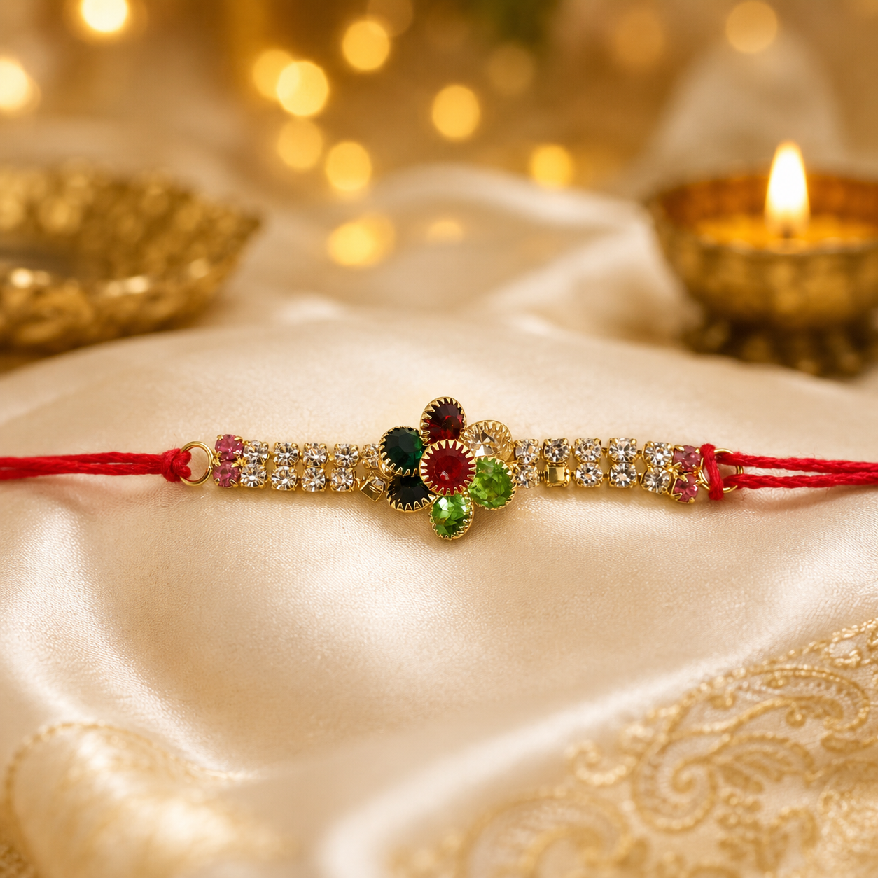 Elegant floral rakhi featuring beads, thread, and intricate detailing for festival celebrations