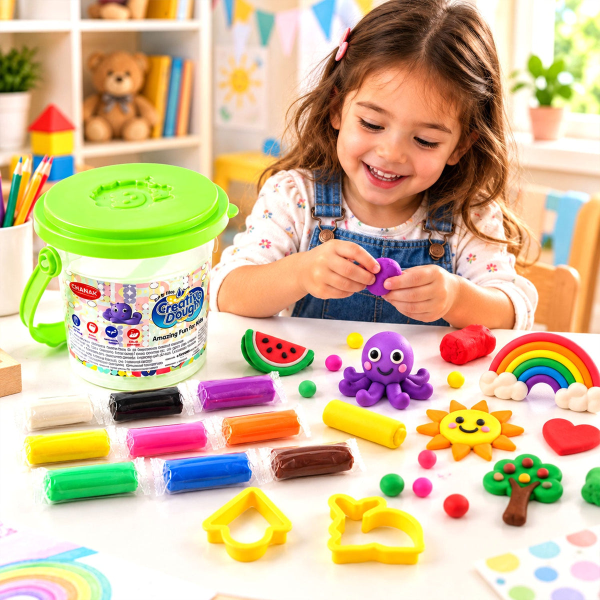 Creative Modelling Dough Bucket With Shape Cutters For Kids Play (1 Set)