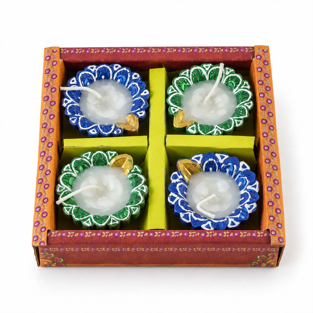 Decorative Flower-Shaped Clay Wax Diyas in Blue & Green (4 Pc)