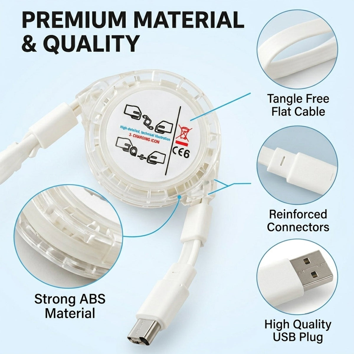 Retractable USB Charging Cable with Type C, Micro USB & Lightning (3 in 1)