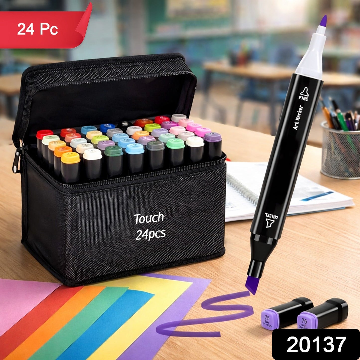 24 Pc Dual Tip Sketch Marker Pen Set With Storage Pouch