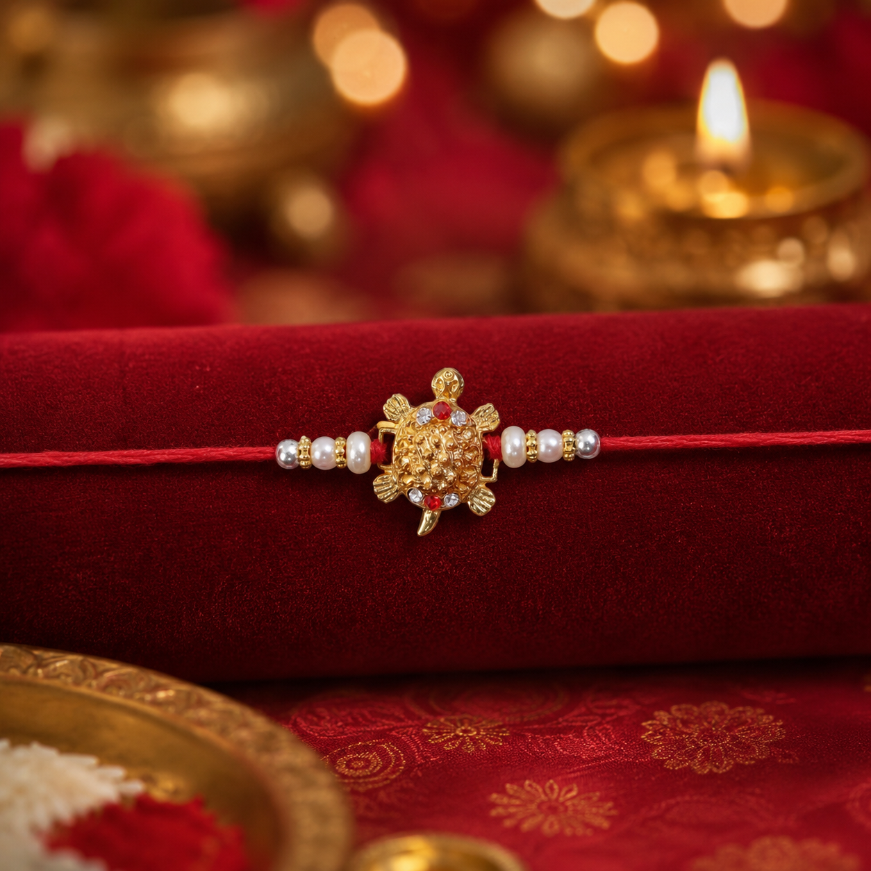 Beautifully crafted gold turtle rakhi with intricate detailing