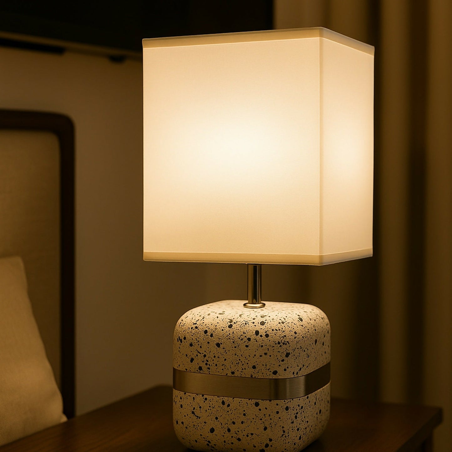 Premium Terrazzo Textured Table Lamp with Warm Square Fabric Shade & Golden Accent Band | Modern Decorative Night Lamp for Bedroom, Living Room & Study | Ambient Lighting Home Décor Piece