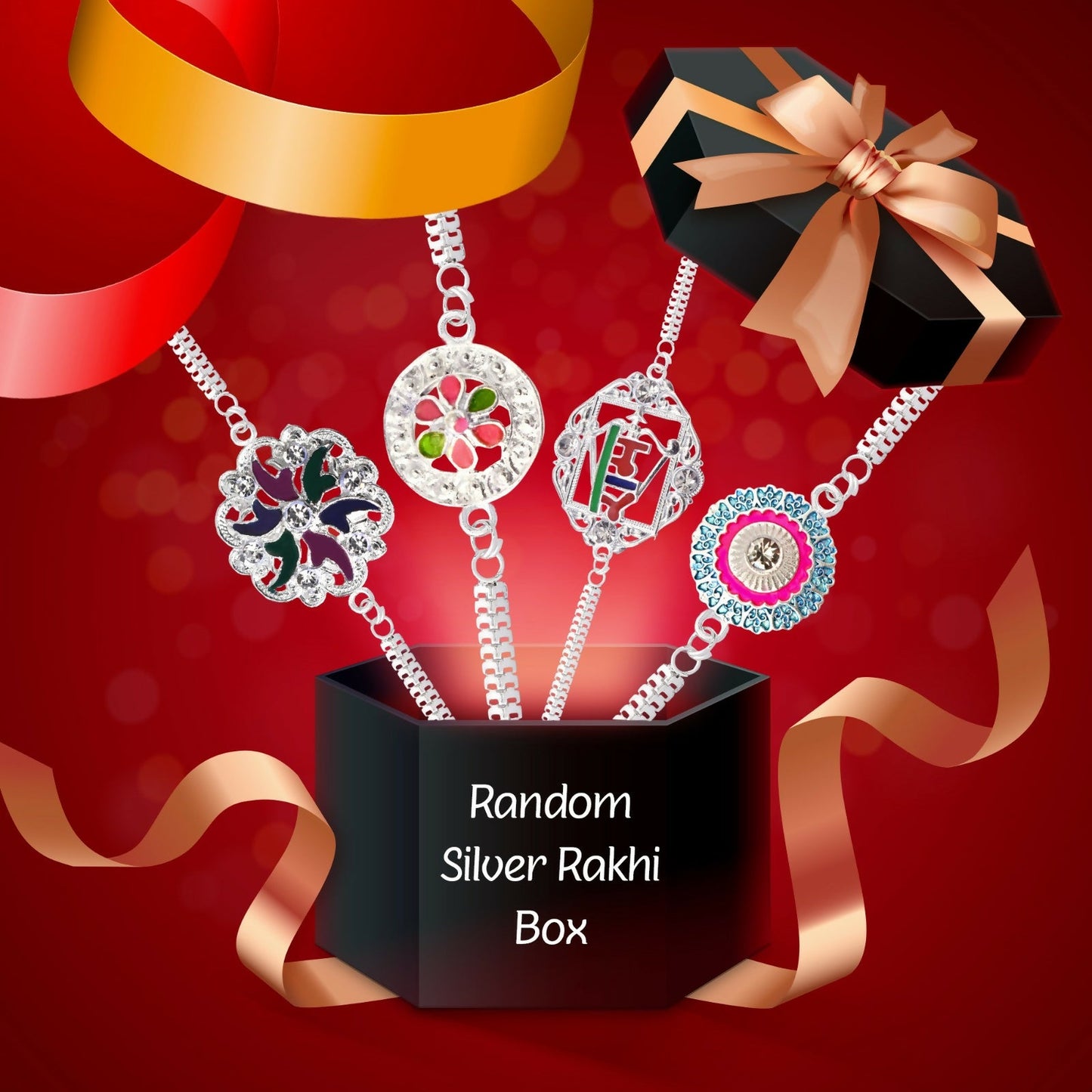 Elegant traditional silver rakhi with random surprise gift for Raksha Bandhan