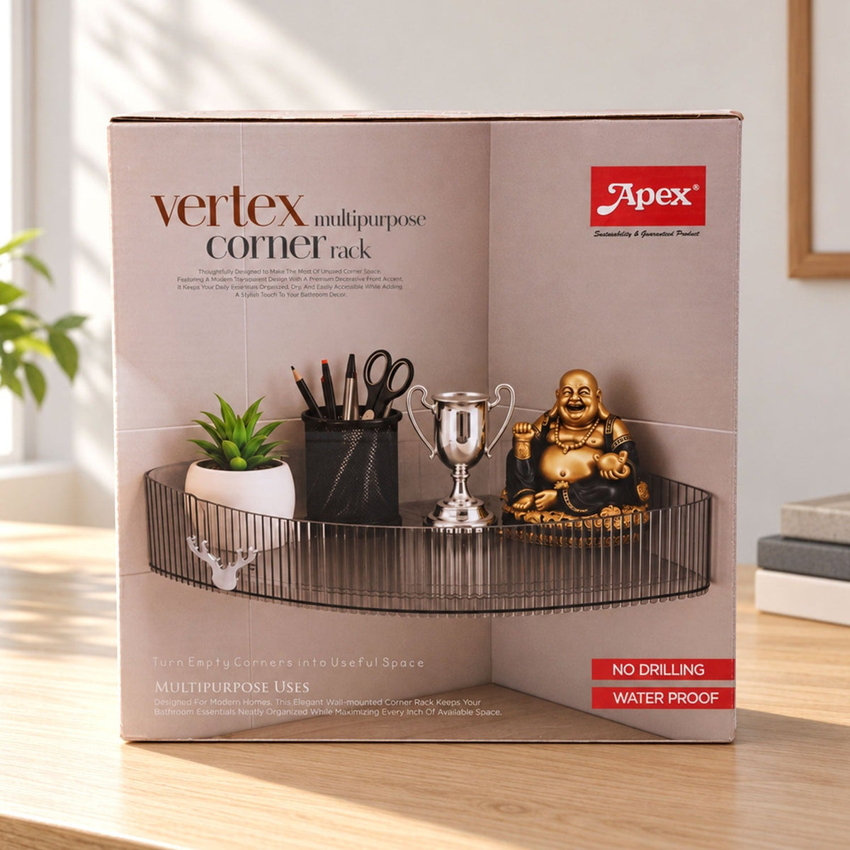 Product packaging for a "Vertex Multipurpose Corner Rack" featuring a black metal shelf with decorations.