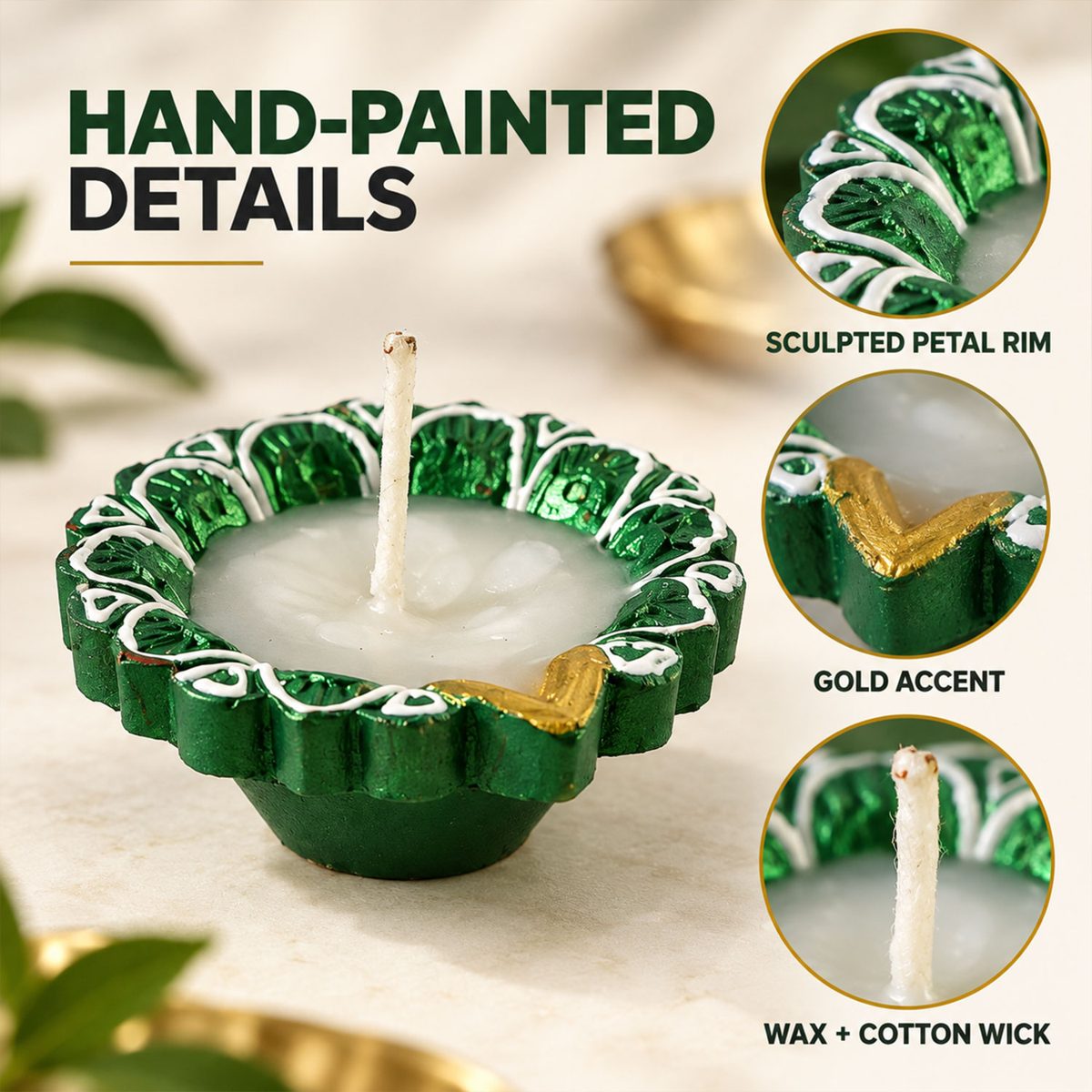 Decorative Flower-Shaped Clay Wax Diyas in Blue & Green (4 Pc)
