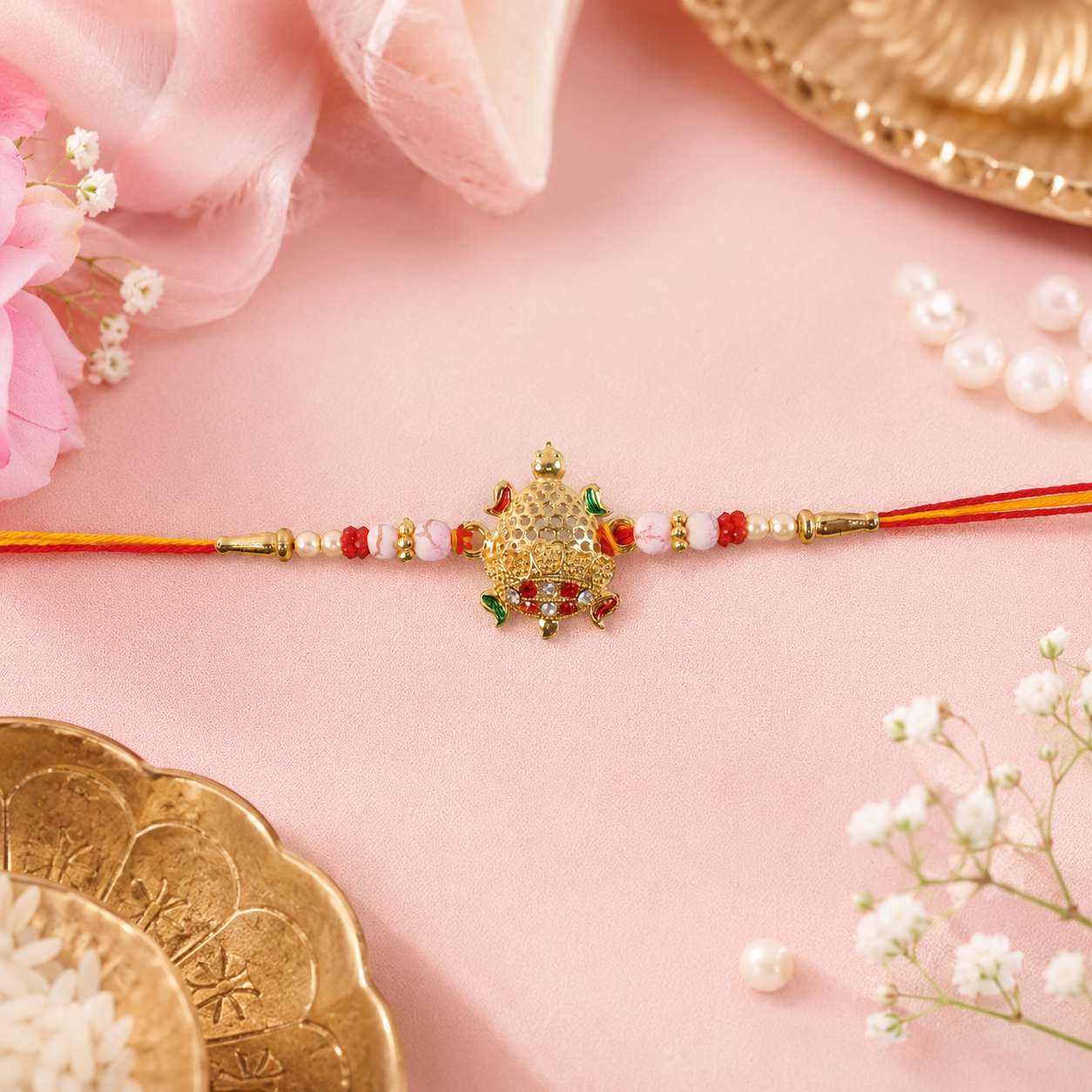 Close-up of Gold Turtle Rakhi showcasing turtle and pearl detail