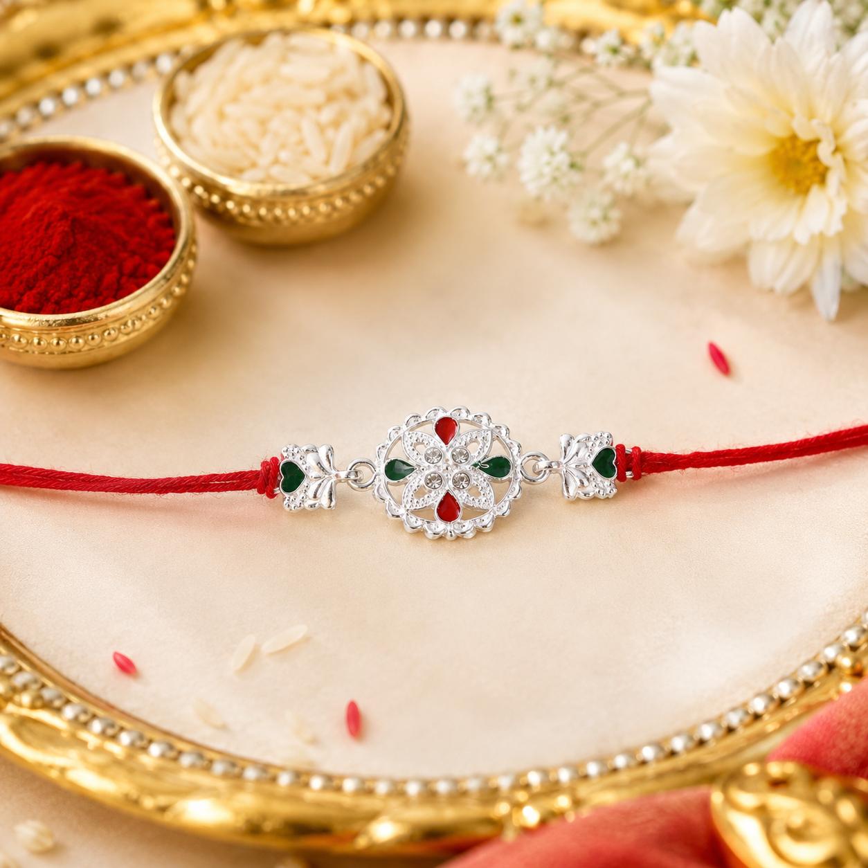 Close-up of white silver floral rakhi showing intricate design and red stone