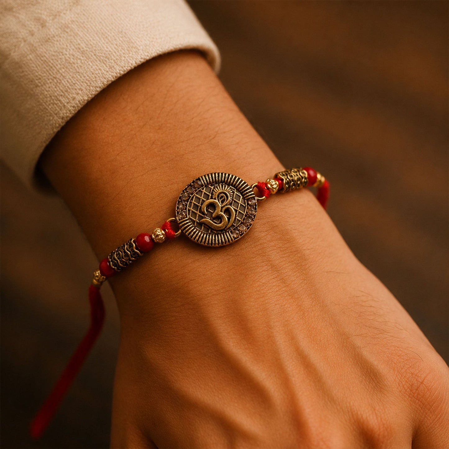 Top view of Om Coin Rakhi showcasing thread and bead arrangement