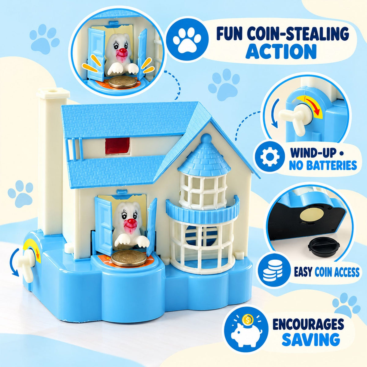 Puppy House Wind Up Coin Bank Toy with Coin Stealing Action for Kids (1 Pc)