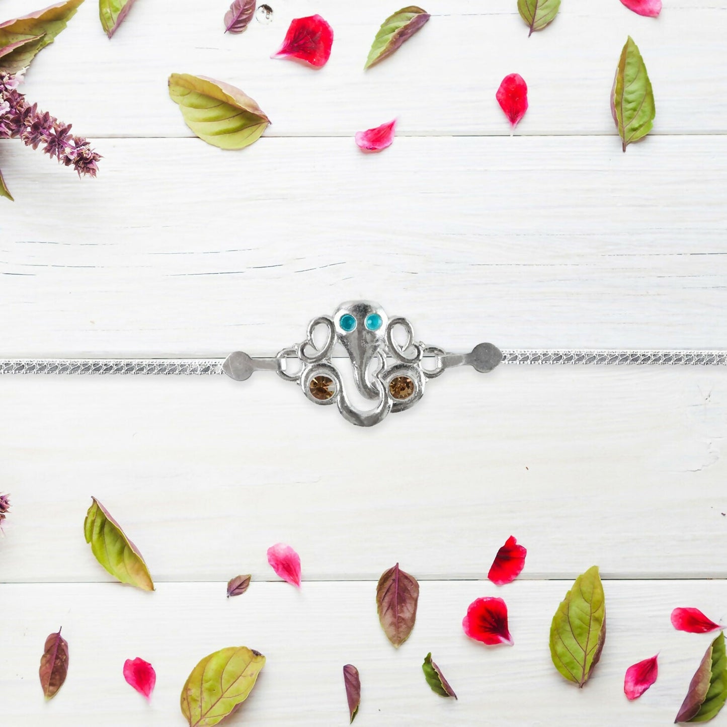 Random surprise silver rakhi showcasing unique festive design for brother.
