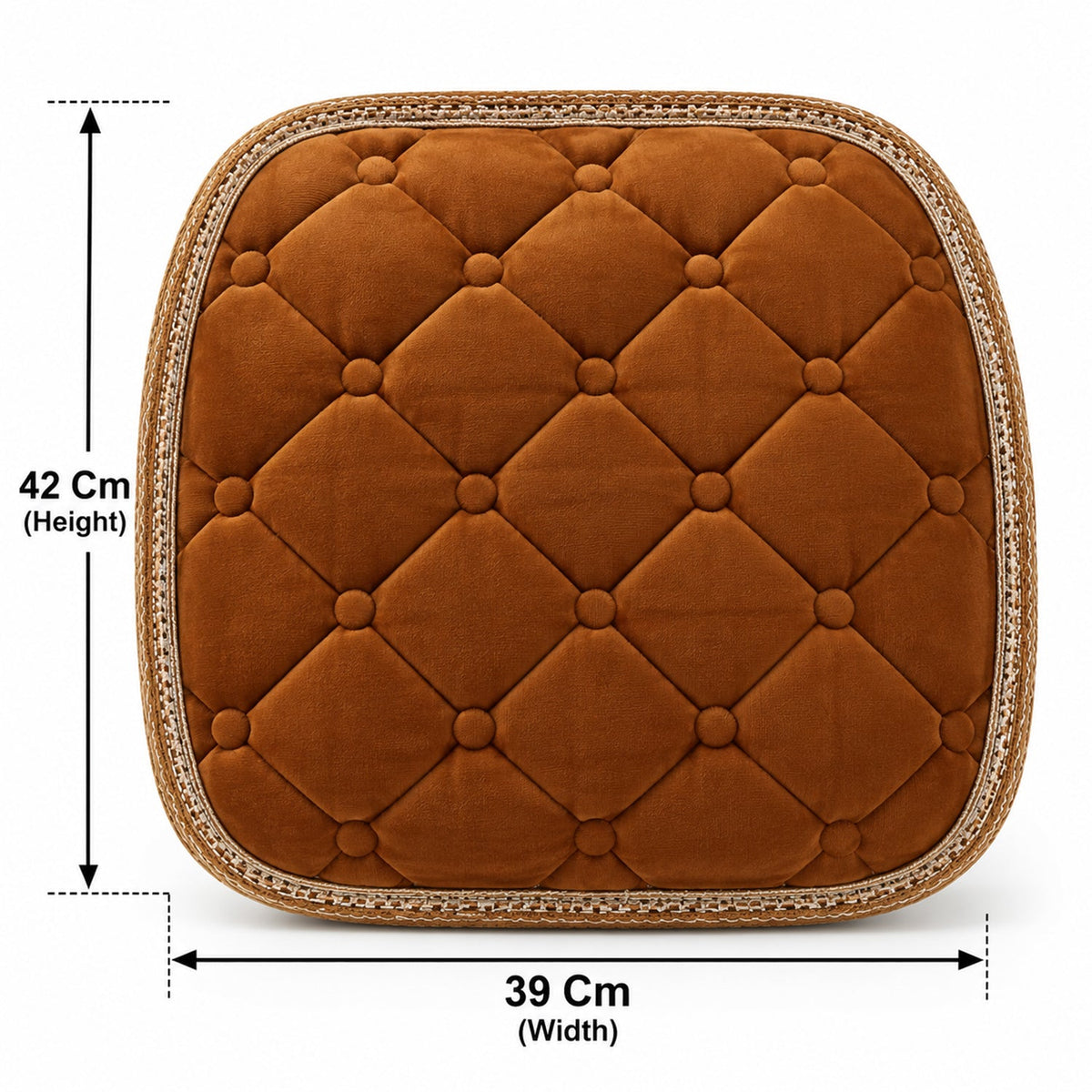 Brown quilted velvet cushion displaying its height of 42 cm and width of 39 cm.