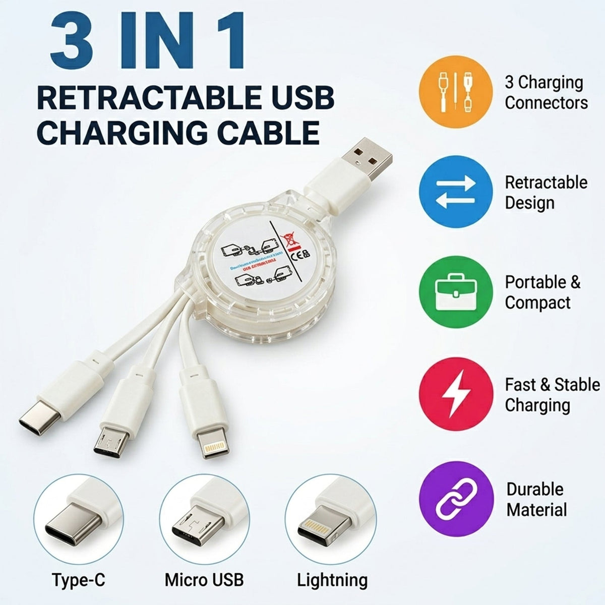Retractable USB Charging Cable with Type C, Micro USB & Lightning (3 in 1)