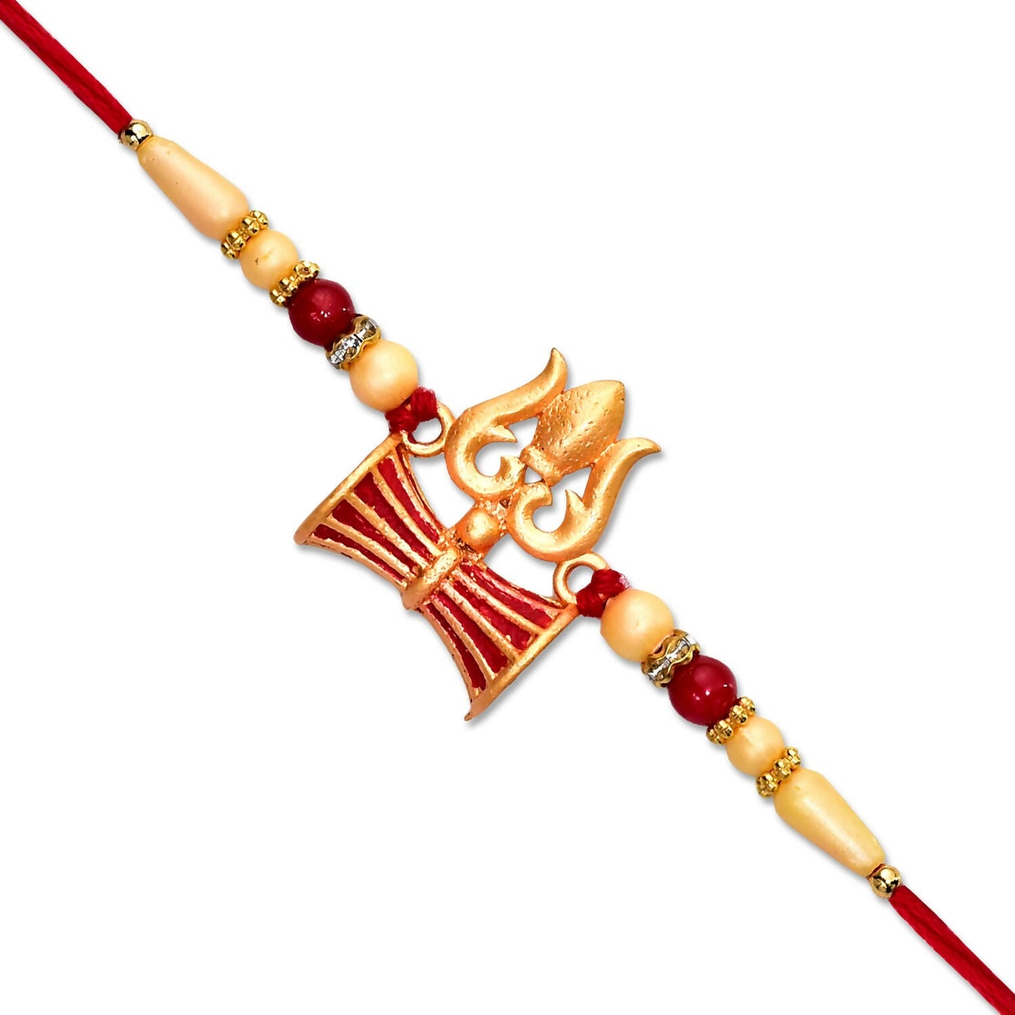 Close-up of intricate Shiva Trishul motif on handcrafted Rakhi charm.