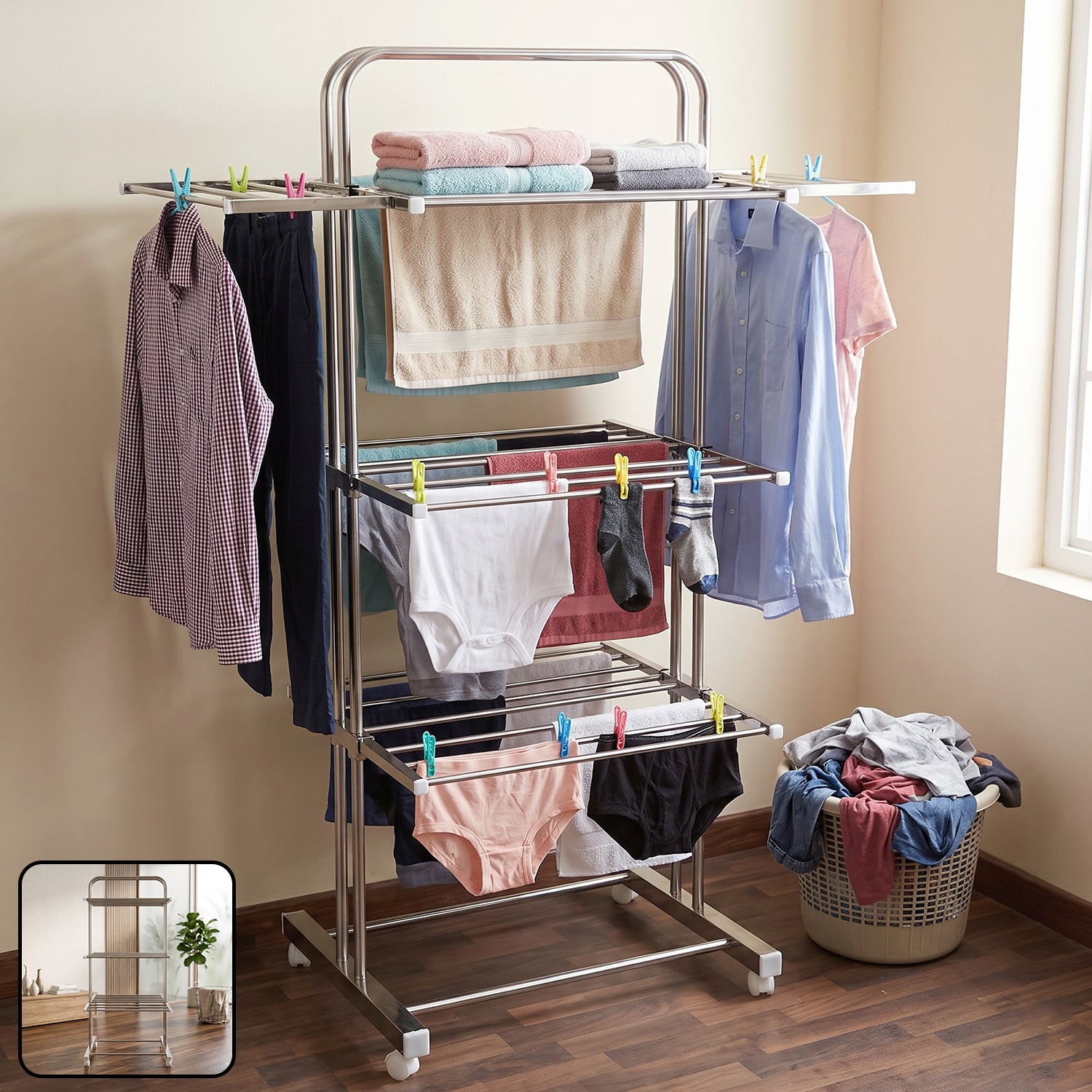 3 Layer Foldable Stainless Steel Cloth Drying Stand with Wheels - Image 1