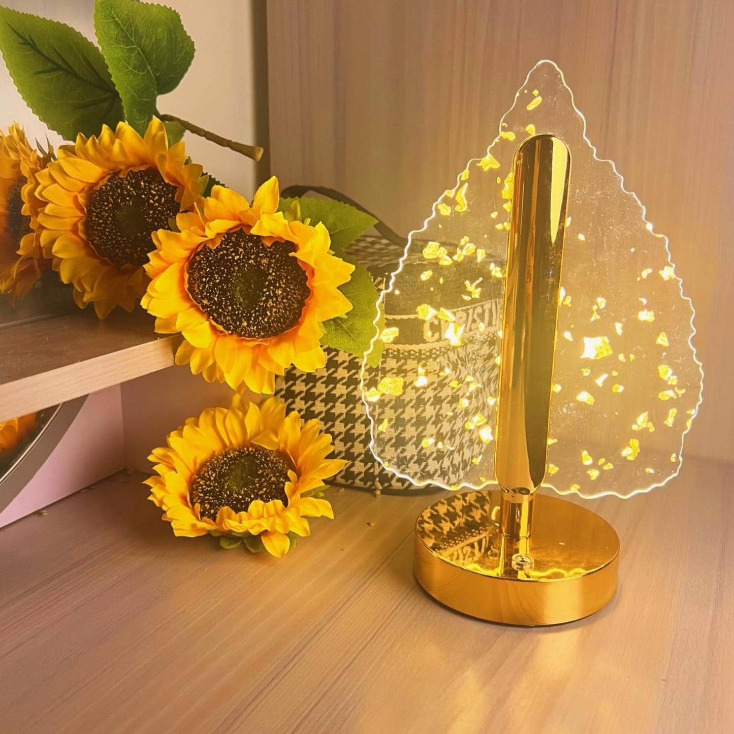 Premium Golden Crystal Leaf-Shaped LED Table Lamp (1 Pc)