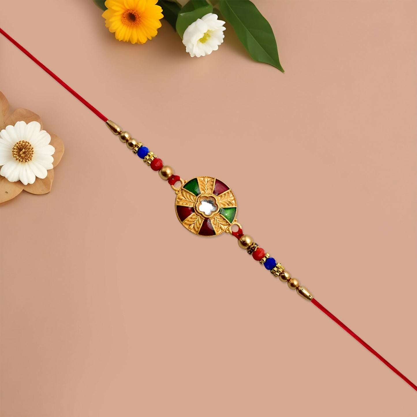 Vibrant Golden Rakhi showcasing its traditional craftsmanship and festive appeal.