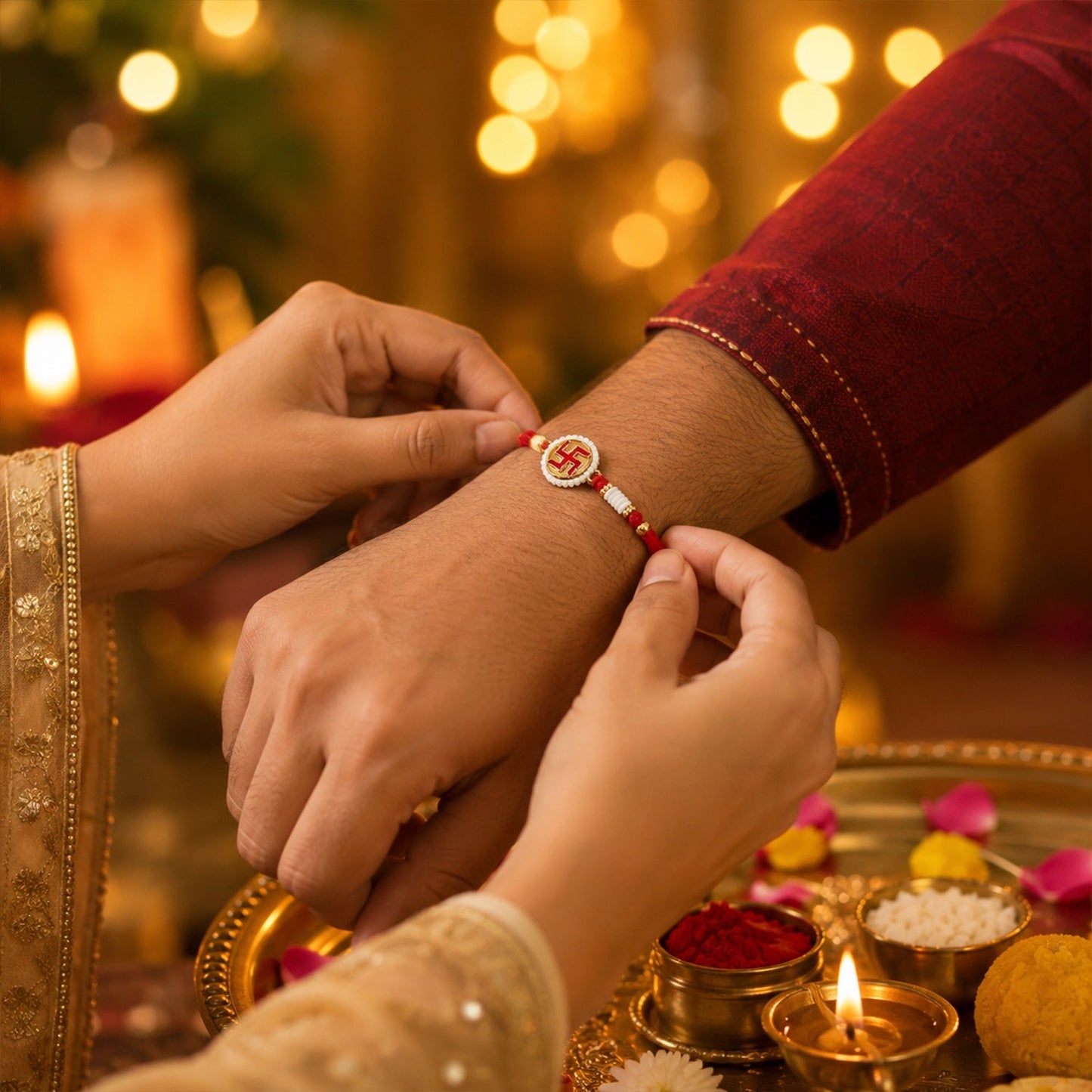 Close-up of the Swastik pearl frame designer Rakhi centerpiece