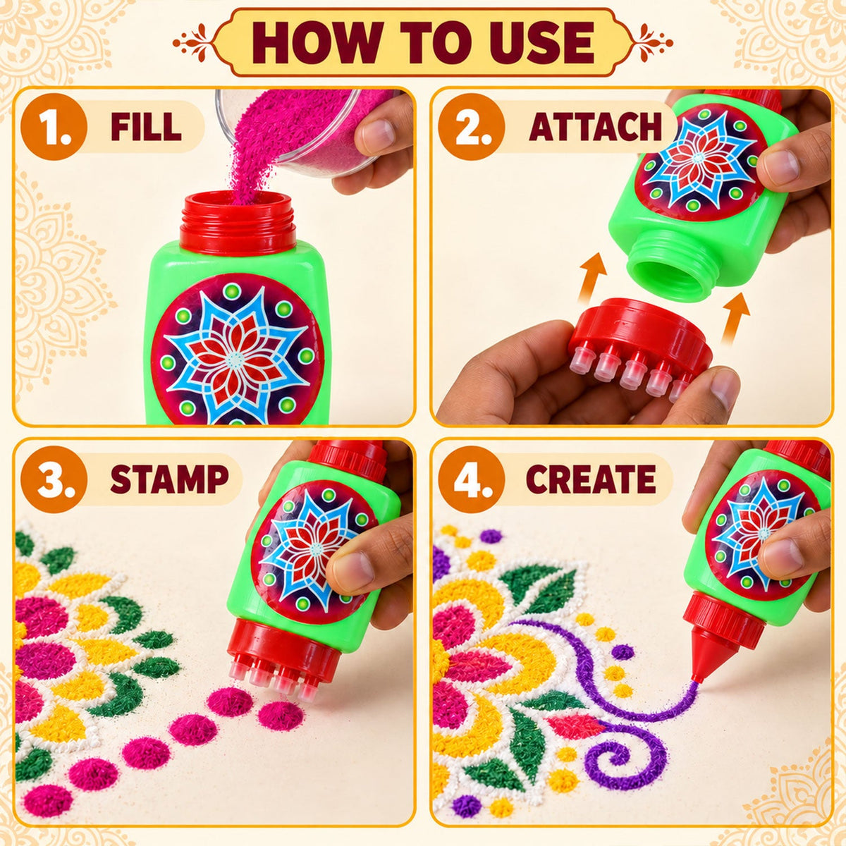 Plastic Rangoli Colour Filling Bottles with Nozzle and Dot Stamp (6 Pc)