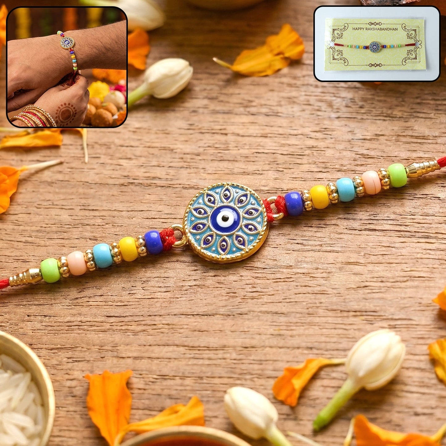 Evil Eye Mandala round designer rakhi with beads and traditional motifs