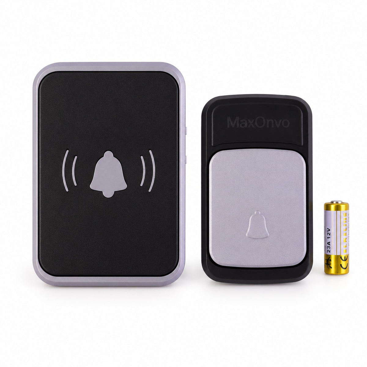 The black and grey doorbell receiver and a smaller push button unit are displayed side by side with a small battery on a