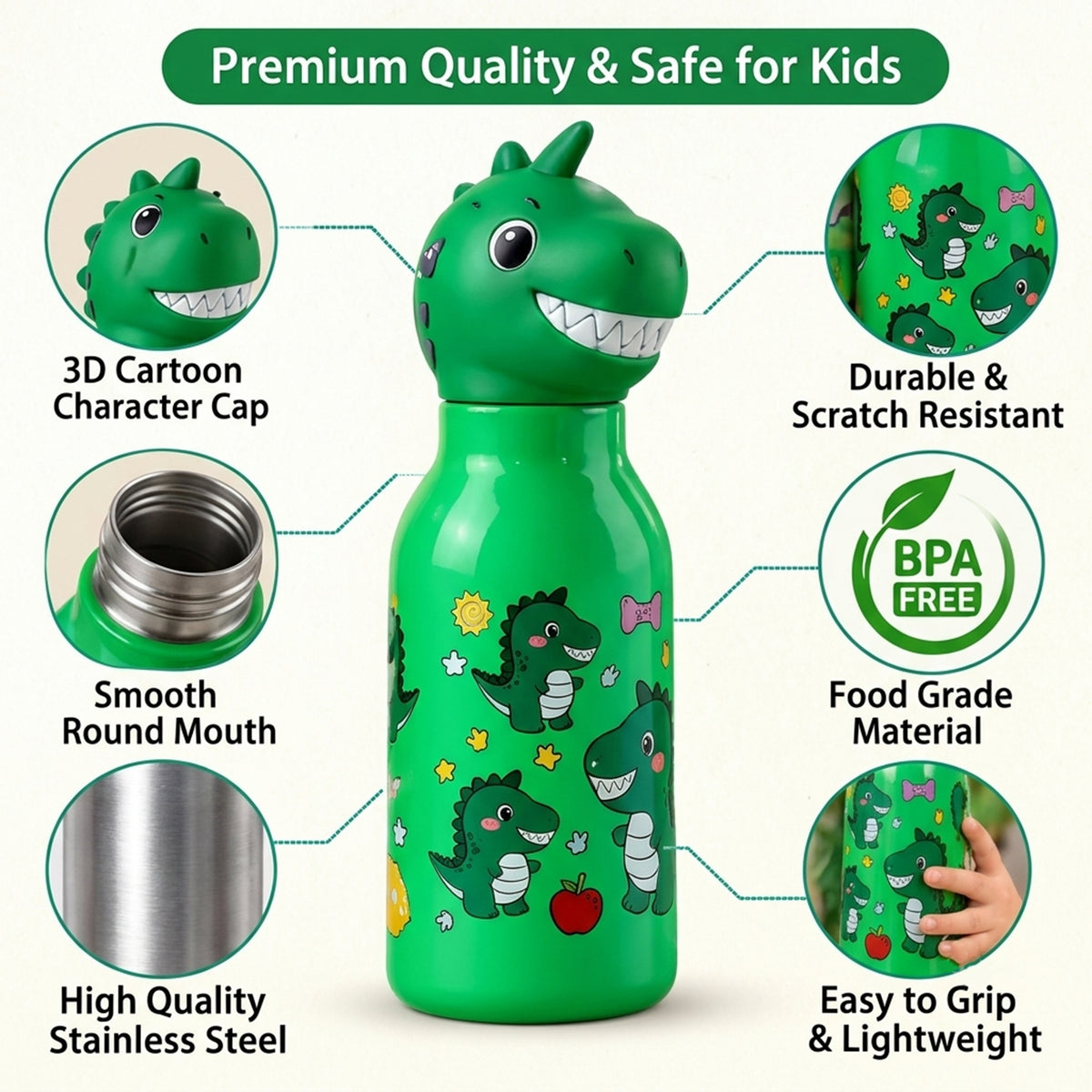 Kids Animal Water Bottle with 3D Character Cap and Printed Design (1 Pc, Mix Design)