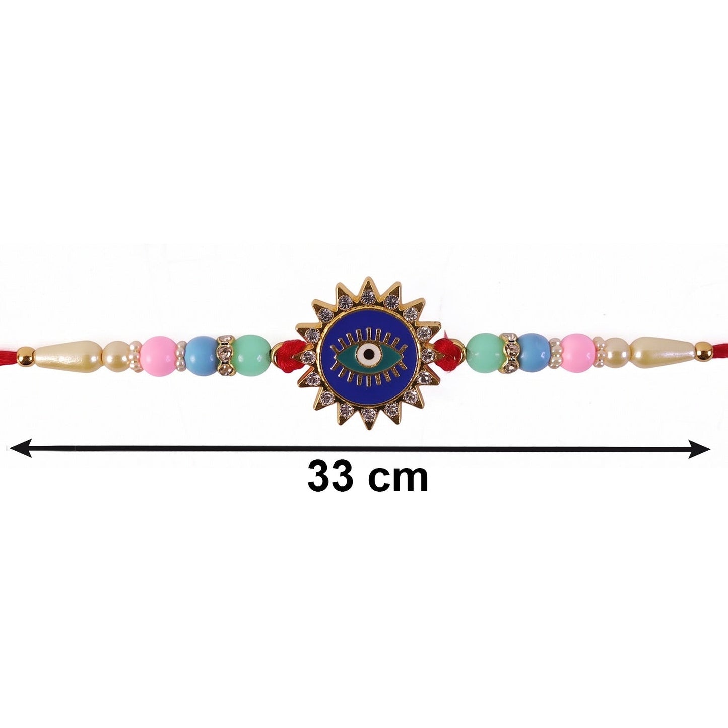 Detailed view of eclectic sun-ray designer Rakhi with beads