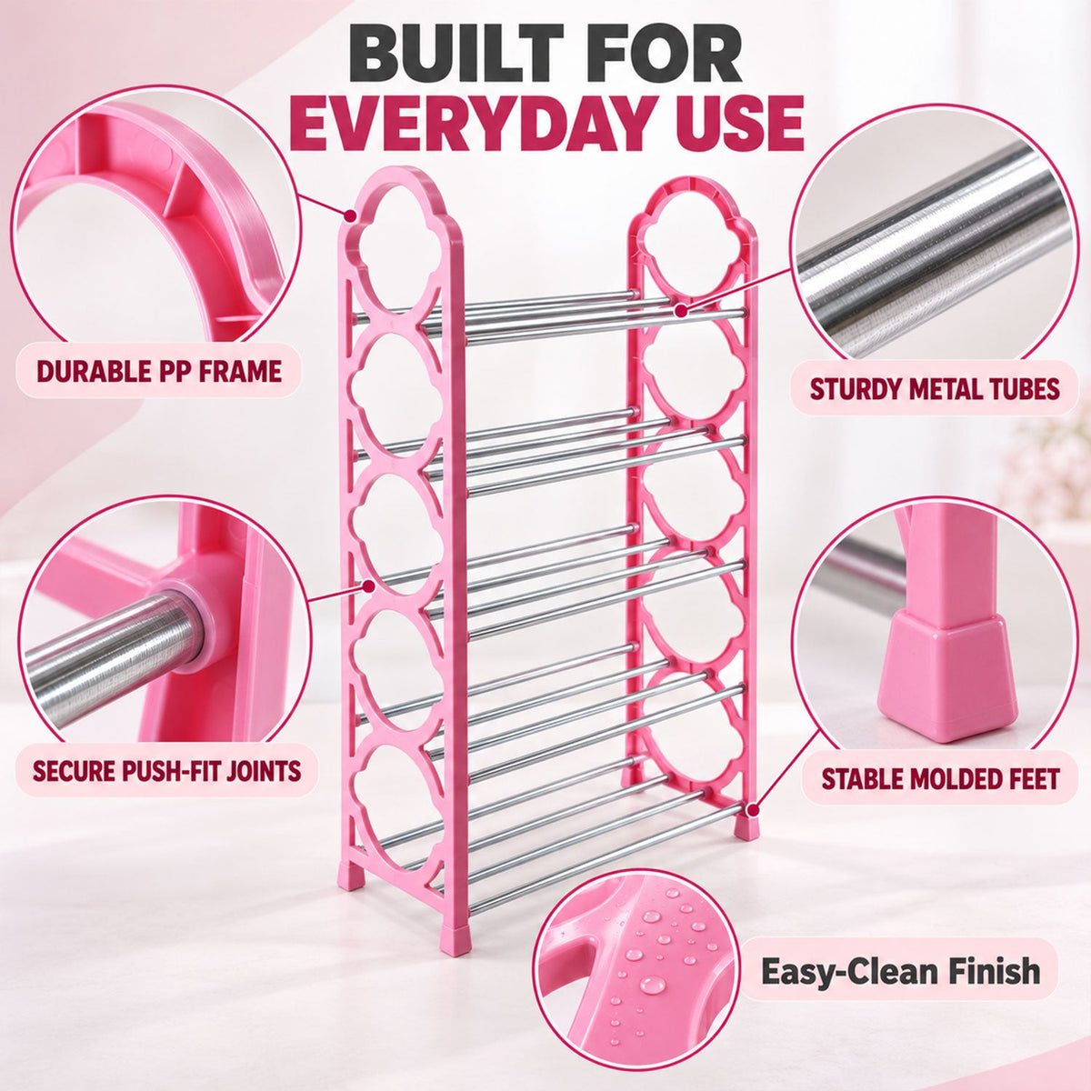 Detailed close-ups highlighting the durable pink plastic frame, sturdy metal tubes, and secure joints of the shoe rack.