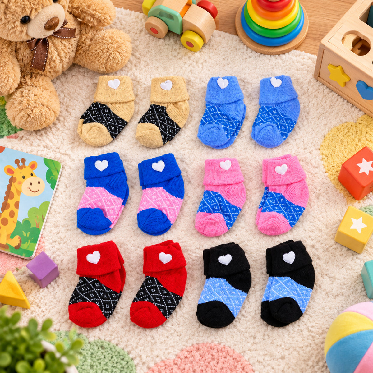 Soft Warm Baby Socks with Heart Design and Folded Cuffs (12 Pairs)