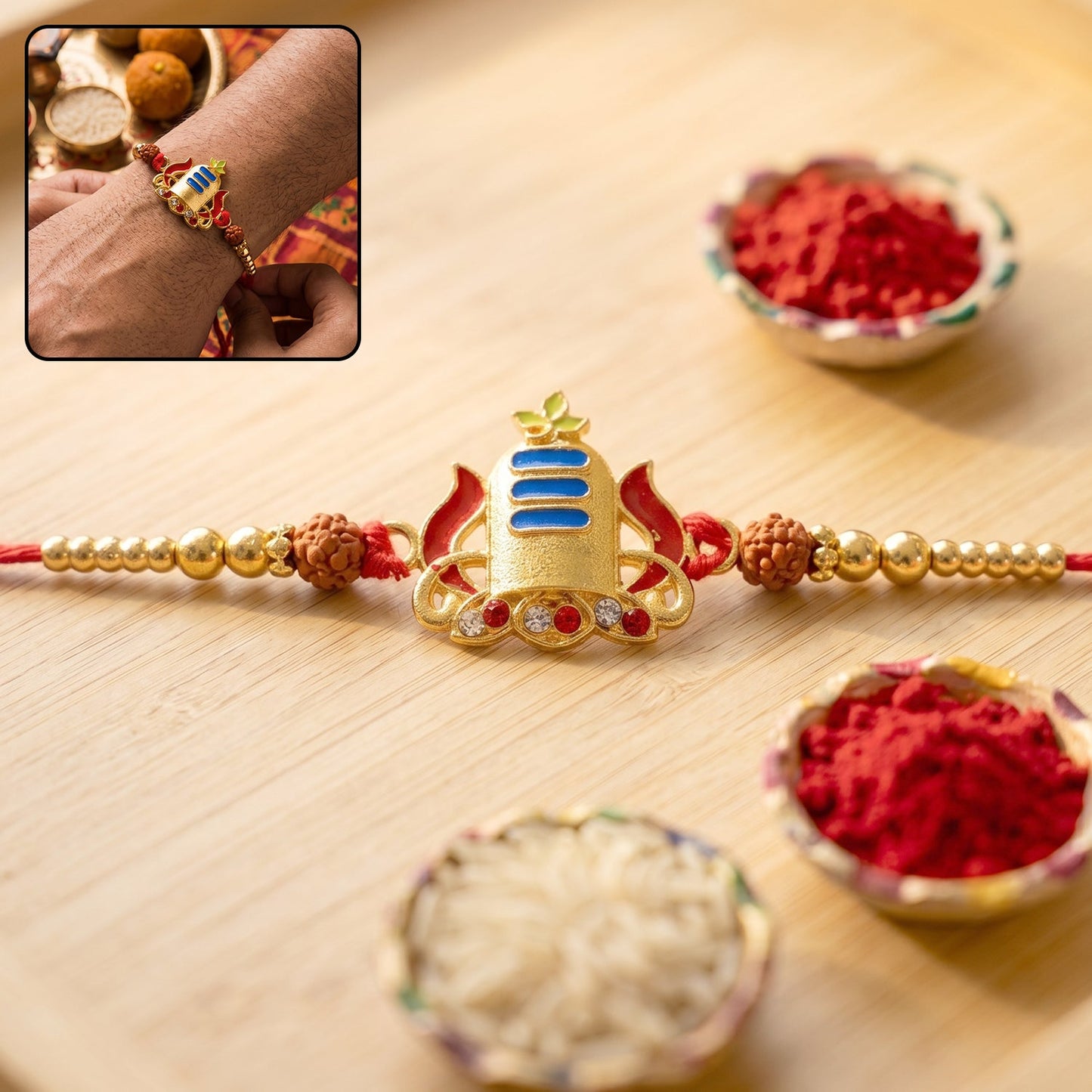 Gold Shivling Rakhi with blue tilak and rudraksha beads close-up