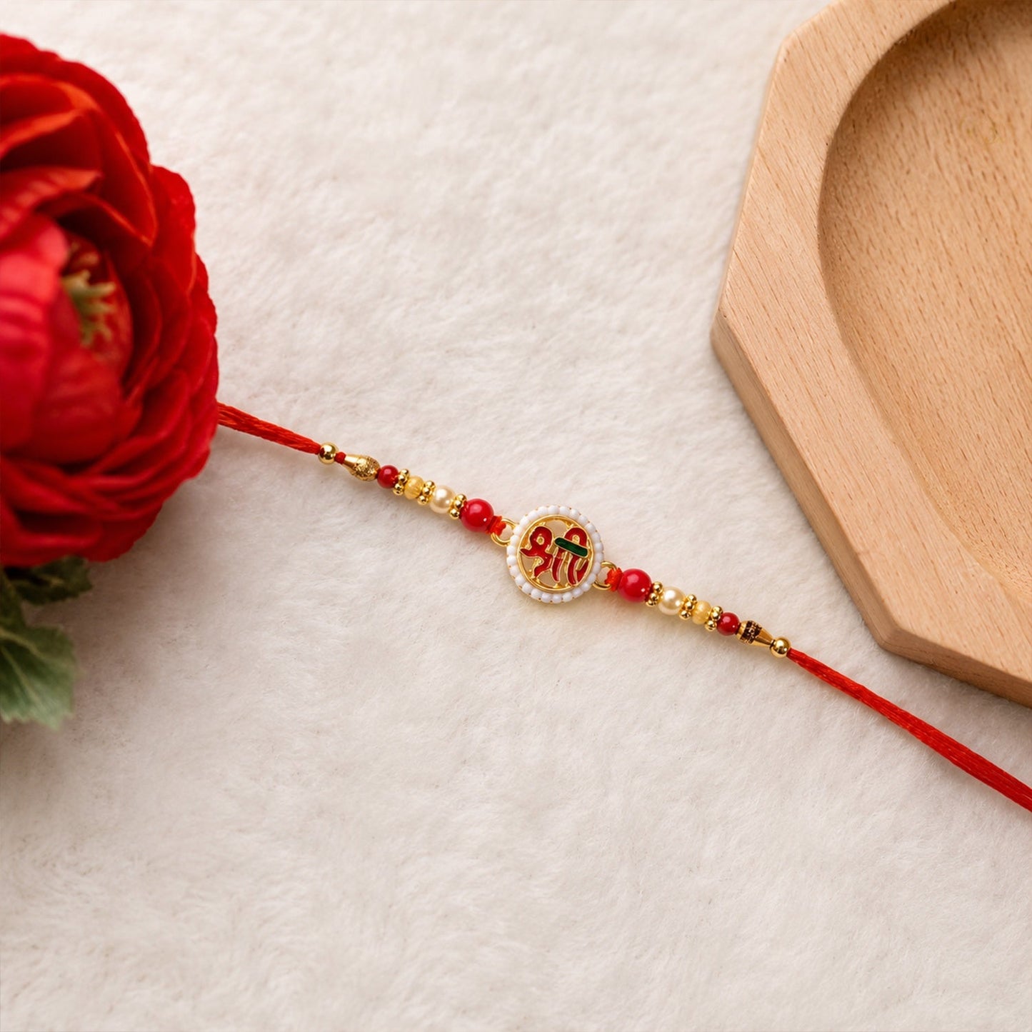 Soft thread Rakhi with decorative beads and festive look