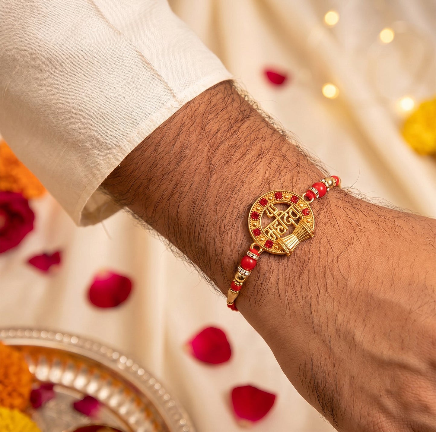 Close-up of festive rakhi featuring beaded and decorative elements
