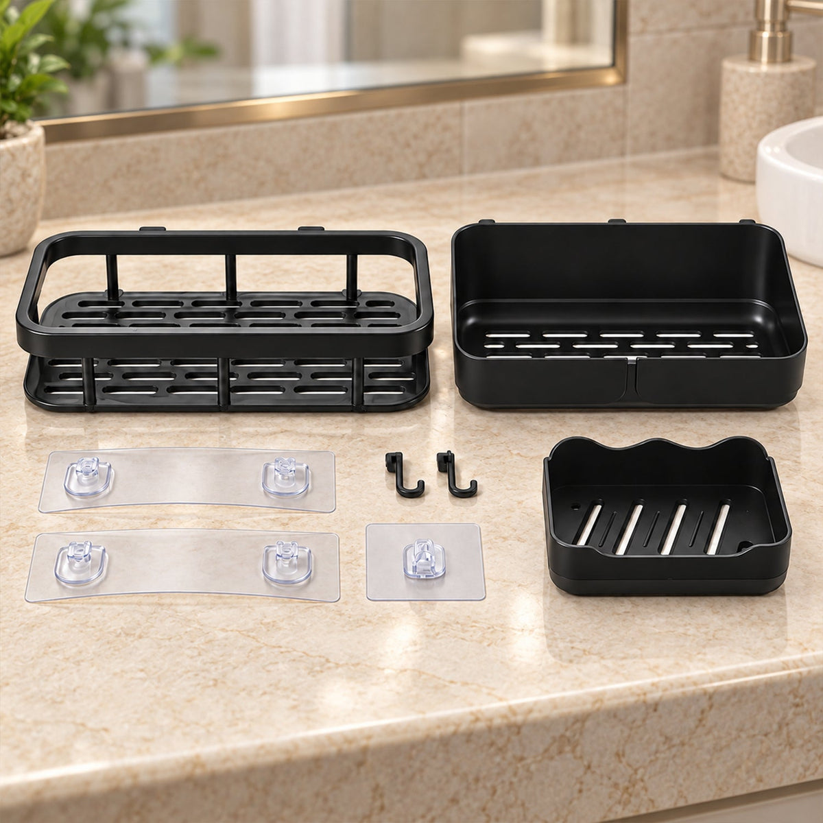 Two black plastic shower caddies, a soap dish, four adhesive strips, and two hooks are arranged on a speckled countertop.