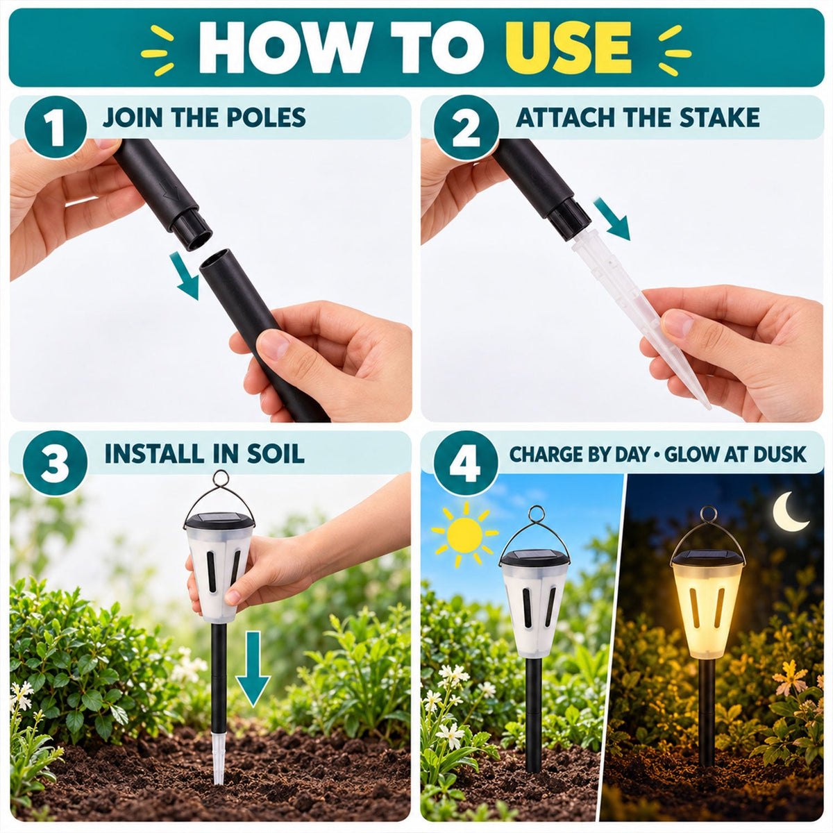 Four step-by-step illustrations demonstrate how to assemble and install the solar garden light in soil.