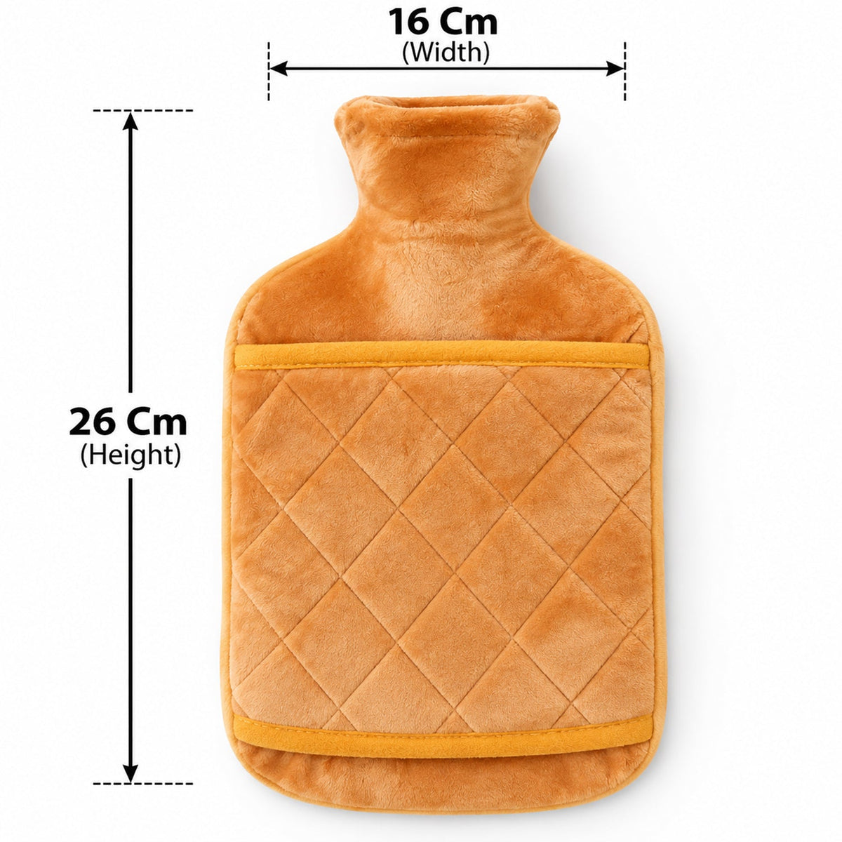 The orange hot water bottle is displayed with its dimensions, 16 cm width and 26 cm height, indicated.