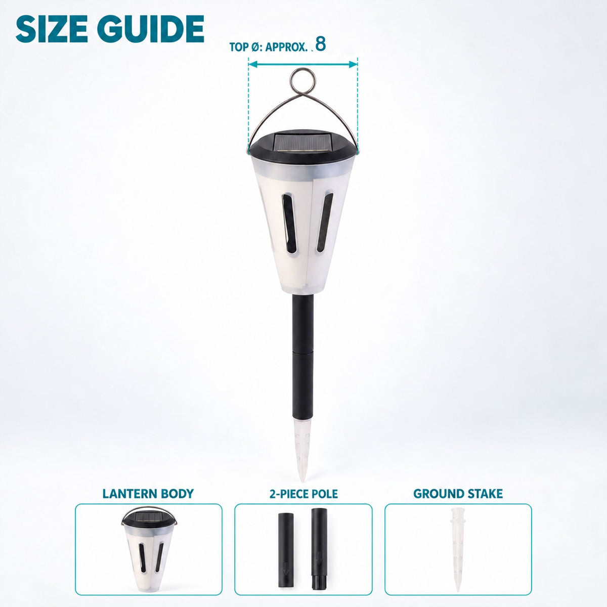 A size guide for the solar garden light shows its approximate top diameter and three component parts.
