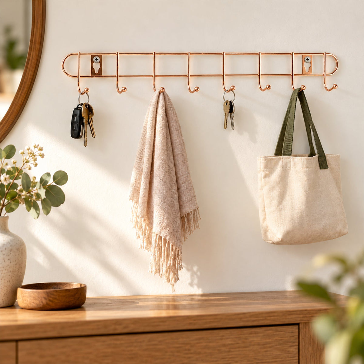 Rose Gold Steel Wall Hanger Rack for Keys, Towels and Bag Storage (8 Hooks)