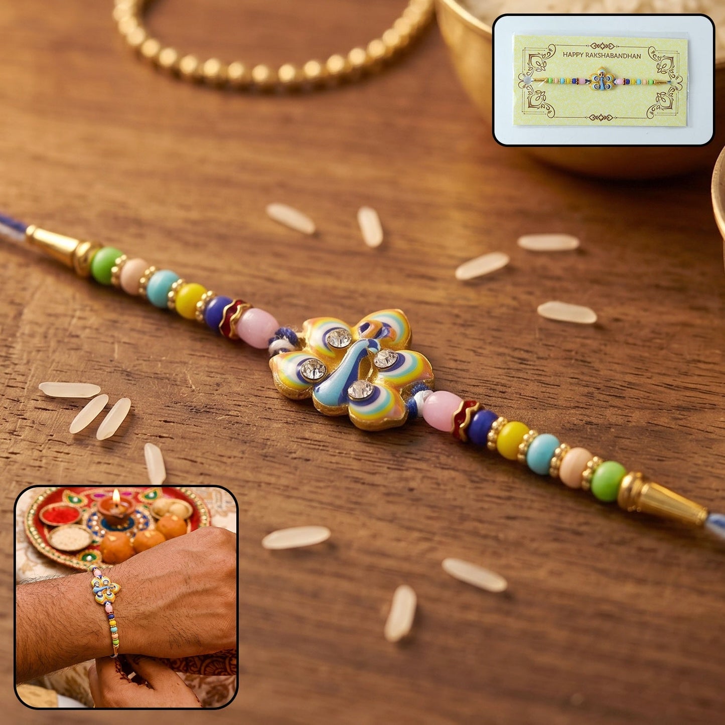 Designer Peacock Feather Rakhi with decorative beads and golden swirl center