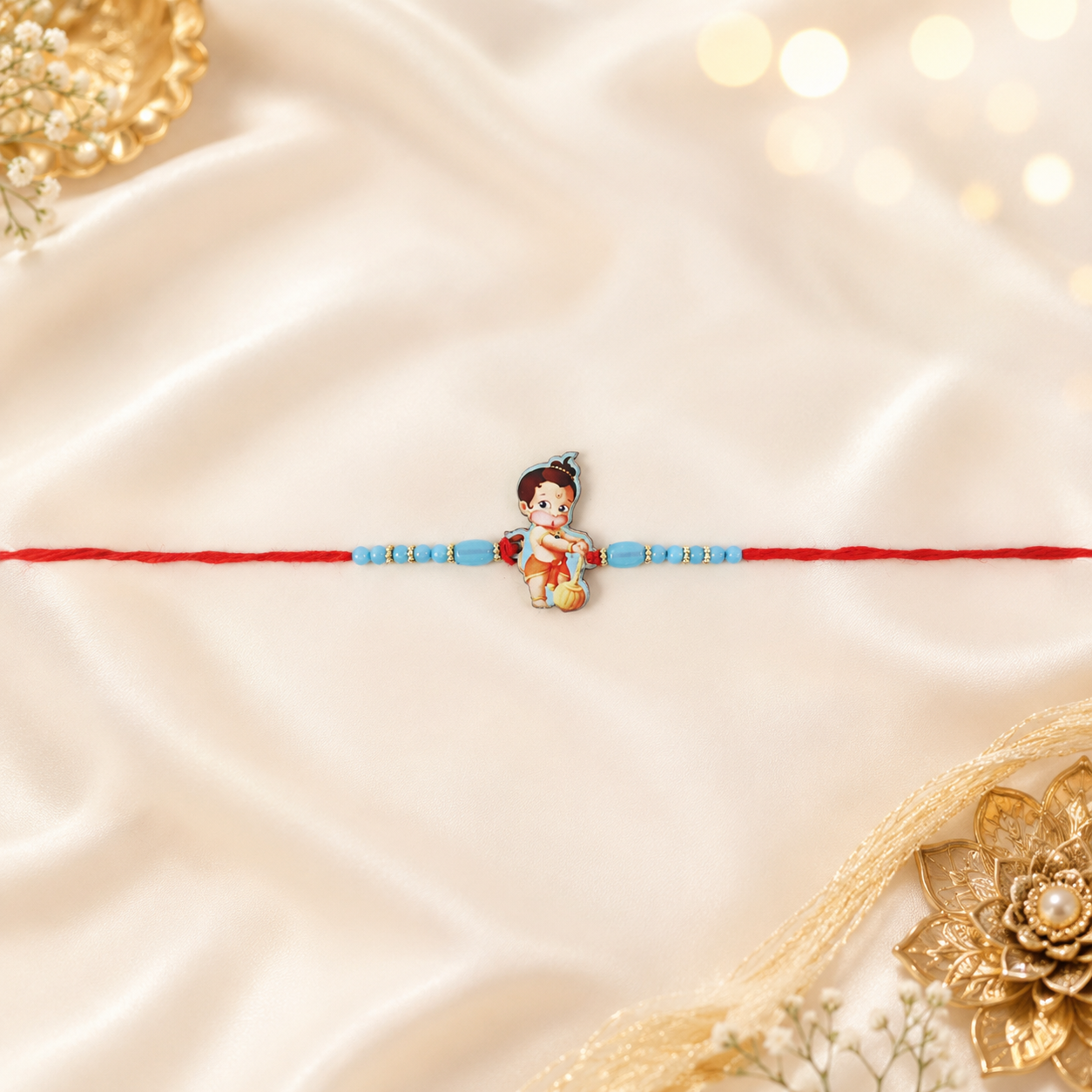 Close-up of decorative blue beads and intricate details on the Hanuman kids Rakhi.
