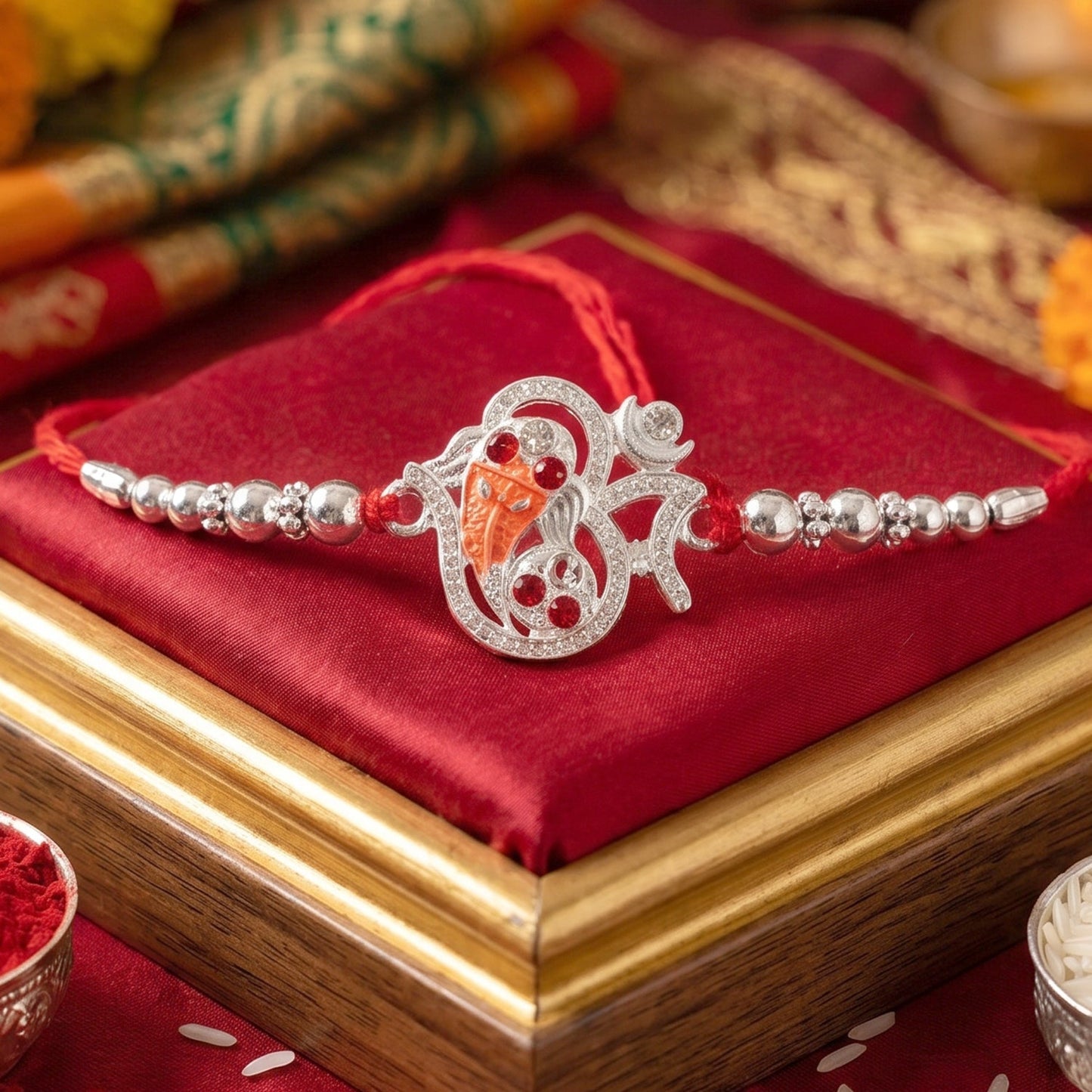 Close-up of Silver Om Ganesh Rakhi red stones and bead details