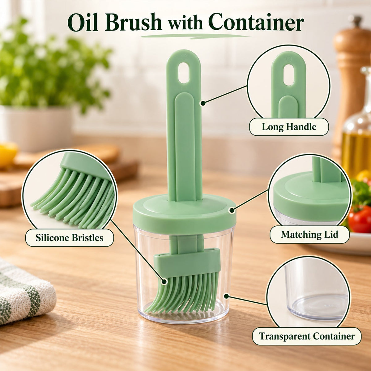 A green silicone oil brush within a clear container, with callouts highlighting its long handle, silicone bristles, matching