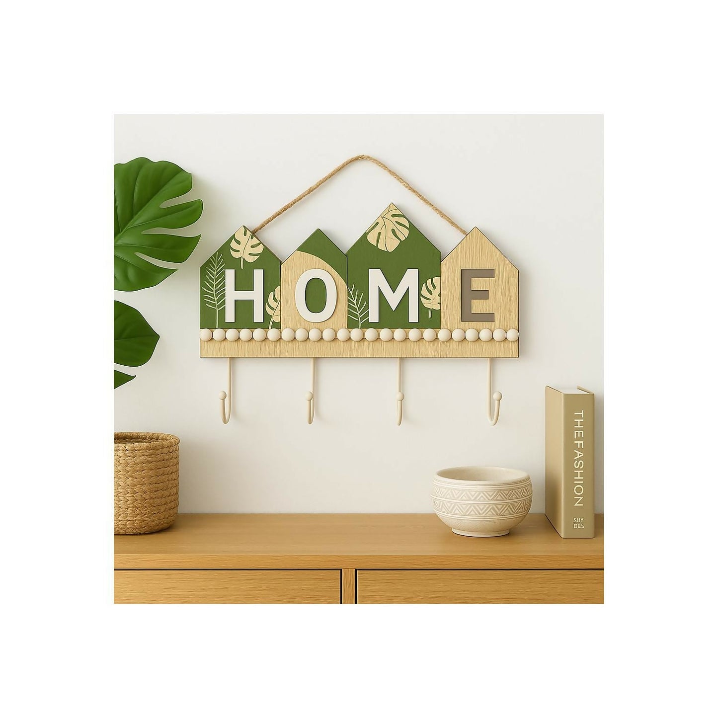 Rustic Wooden Wall Key Holder with “HOME†Letter Design – Decorative Wall Hanging with 4 Sturdy Hooks and Rope Hanger – Ideal for Entryway, Living Room, Kitchen, Bedroom, Office, and Housewarming Gifting