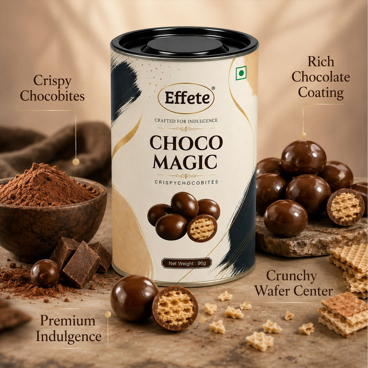 An Effete Choco Magic tin is surrounded by crispy chocobites, cocoa powder, and wafer pieces on a rustic background.