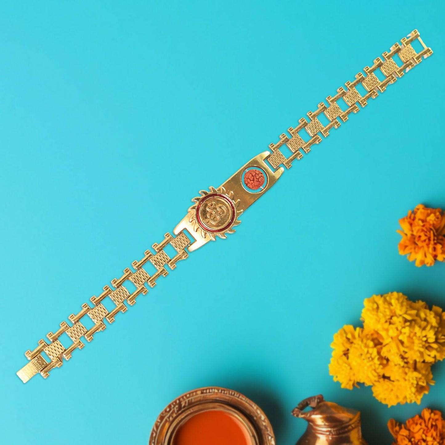 Close-up of stylish bracelet rakhi with unique random mix design for brothers
