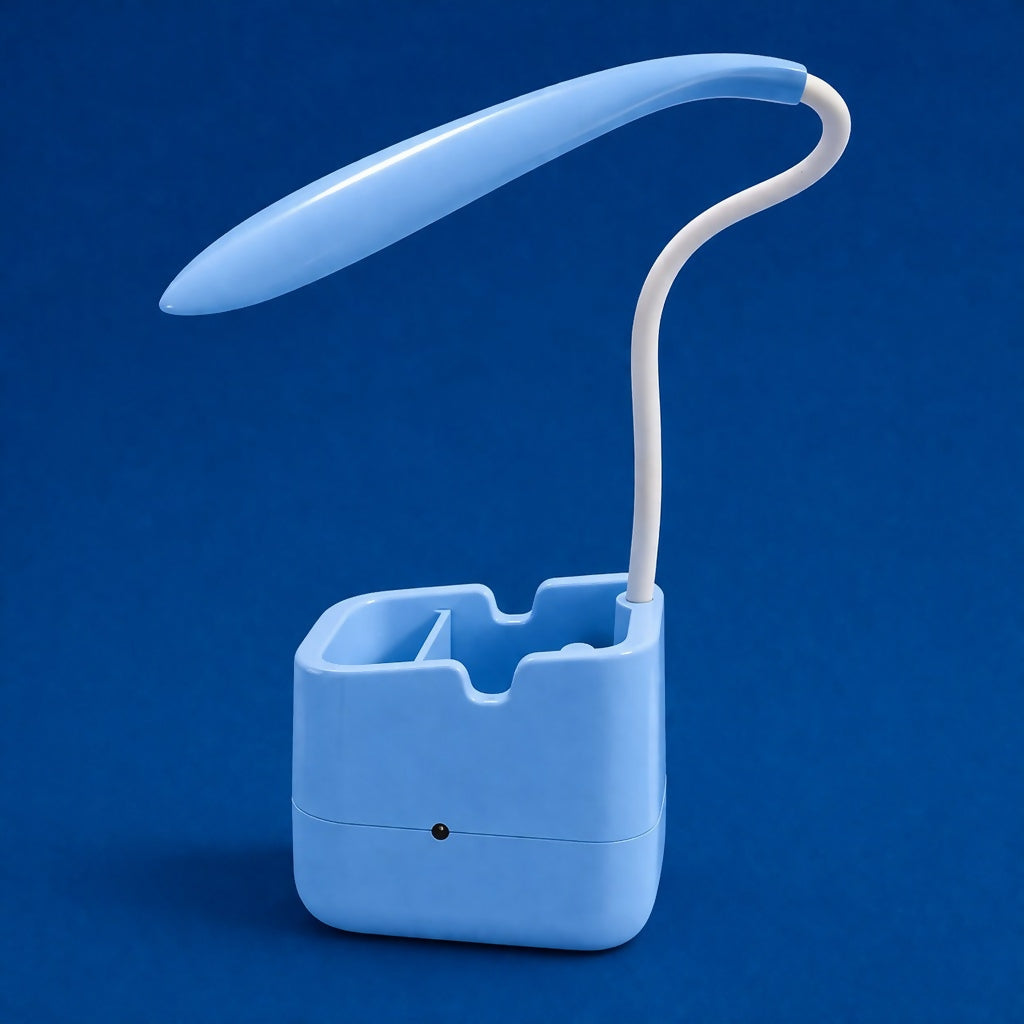 Blue LED Desk Lamp with Mobile Stand & Pen Holder, Flexible Study Light