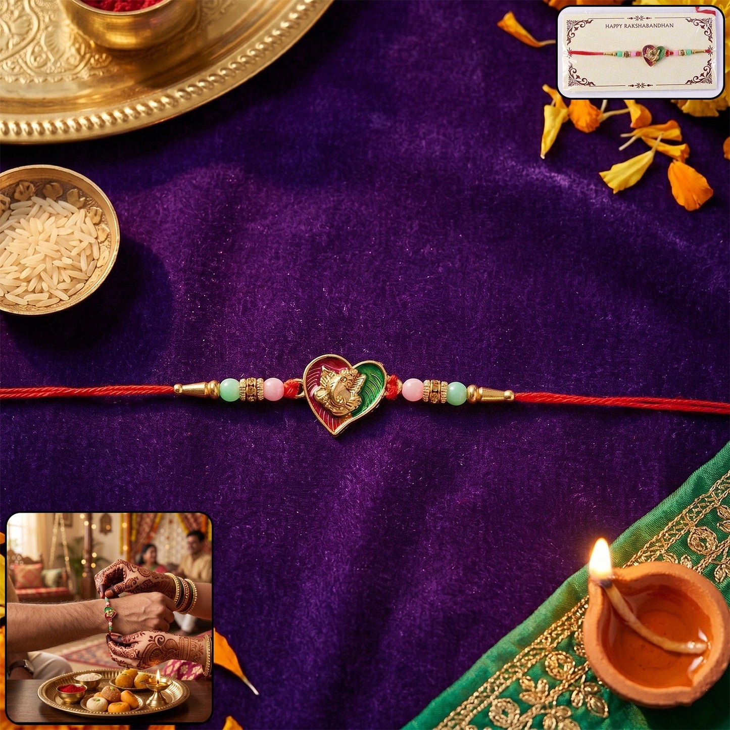 Close-up of decorative beads on Lord Ganesha Rakhi