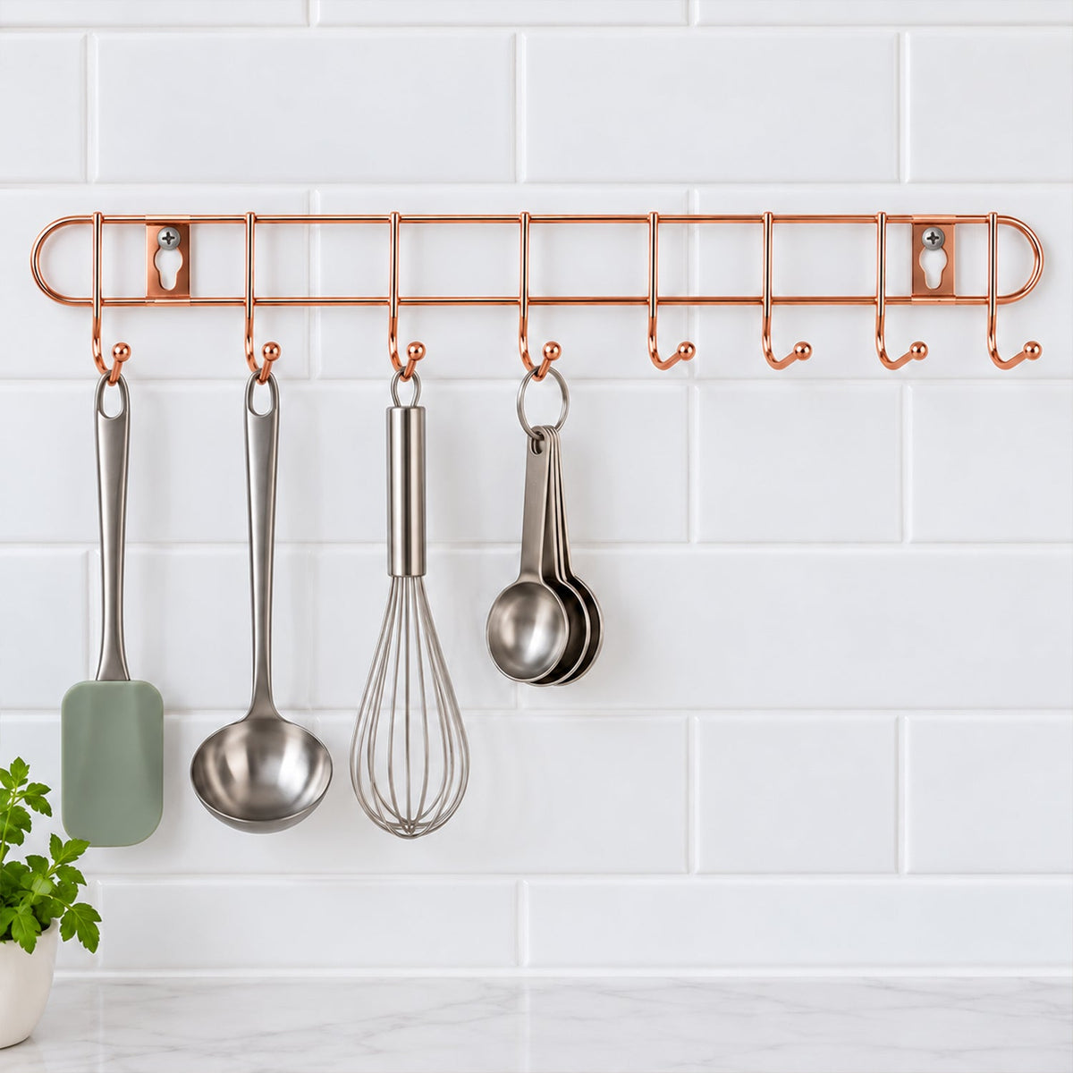 Rose Gold Steel Wall Hanger Rack for Keys, Towels and Bag Storage (8 Hooks)