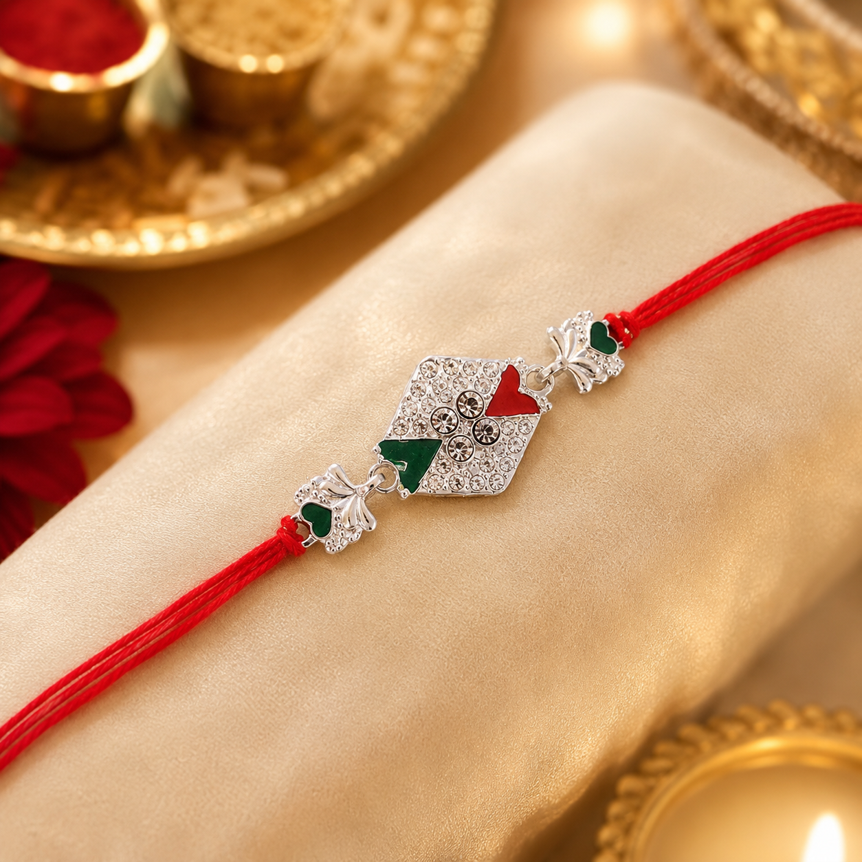 Premium thread rakhi with beads, stones, and elephant charm for Rakshabandhan