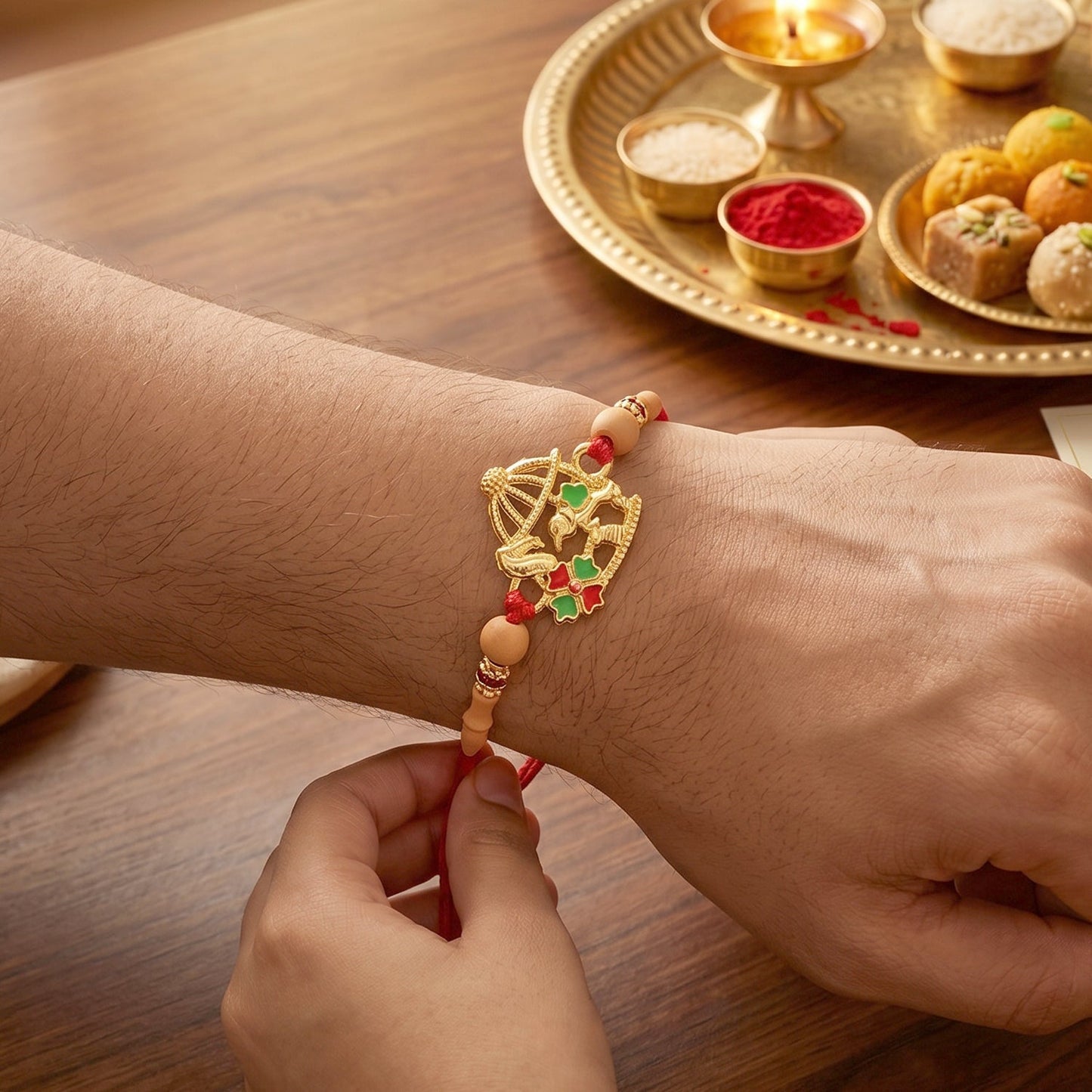 Festive golden bow and arrow Rakhi on red thread